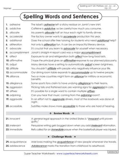Spelling Test - Spelling Sentences (F-20)