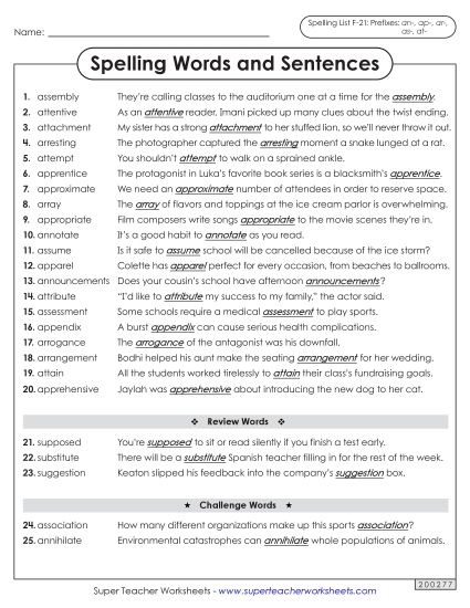 Spelling Test - Spelling Sentences (F-21)