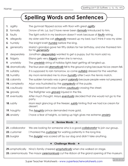 Spelling Test - Spelling Sentences (F-25)
