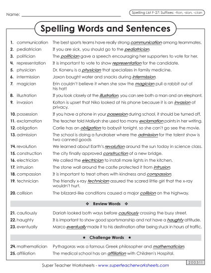 Spelling Test - Spelling Sentences (F-27) 