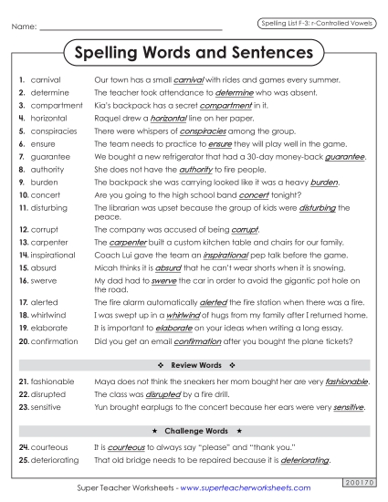 Spelling Test - Spelling Sentences (F-3) 