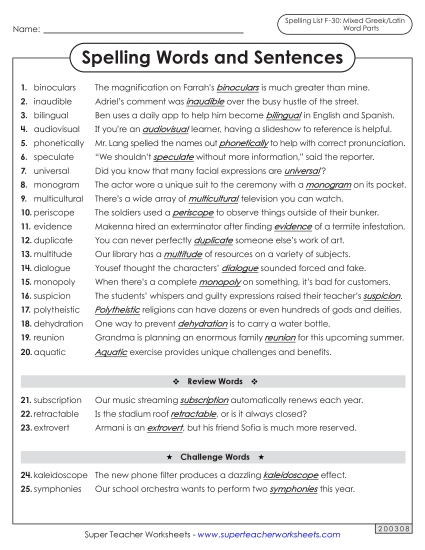 Spelling Test - Spelling Sentences (F-30)