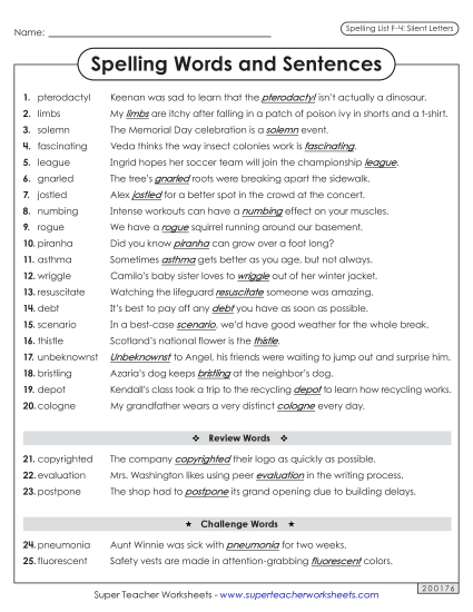 Spelling Test - Spelling Sentences (F-4)
