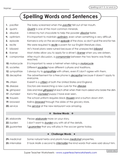 Spelling Test - Spelling Sentences (F-5)