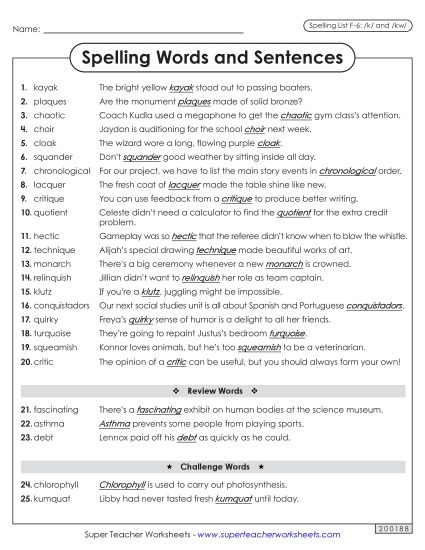 Spelling Test - Spelling Sentences (F-6)