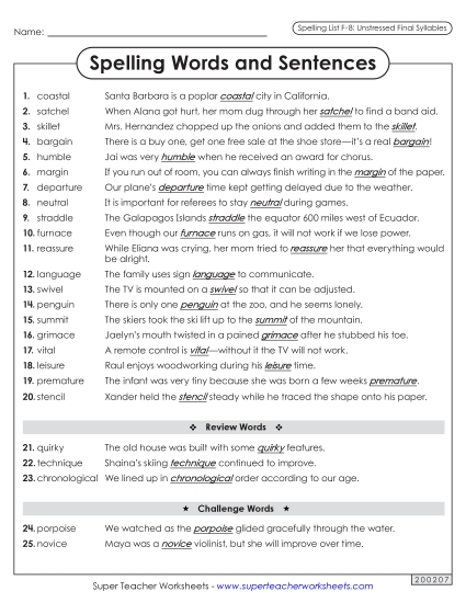 Spelling Test - Spelling Sentences (F-8) 