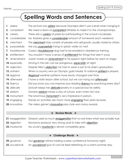 Spelling Test - Spelling Sentences (F-9)
