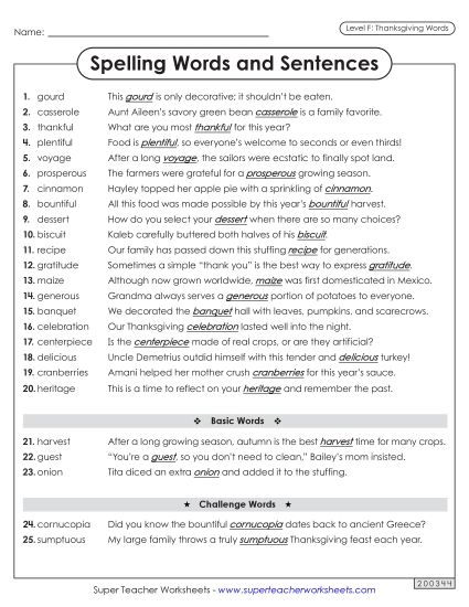 Spelling Test - Spelling Sentences (Thanksgiving)