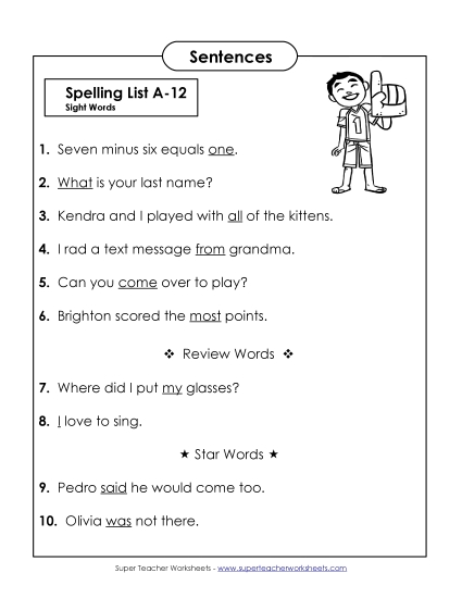 Spelling Test - Spelling Test Sentences (A-12) Spelling Test - Spelling Test Sentences (A-12)