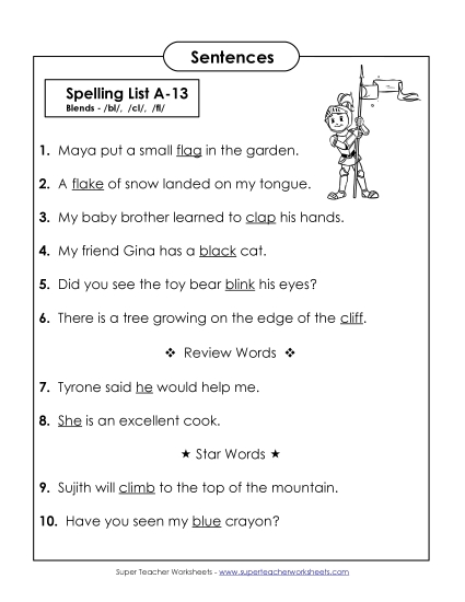 Spelling Test - Spelling Test Sentences (A-13) Spelling Test - Spelling Test Sentences (A-13)