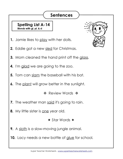 Spelling Test - Spelling Test Sentences (A-14) 
