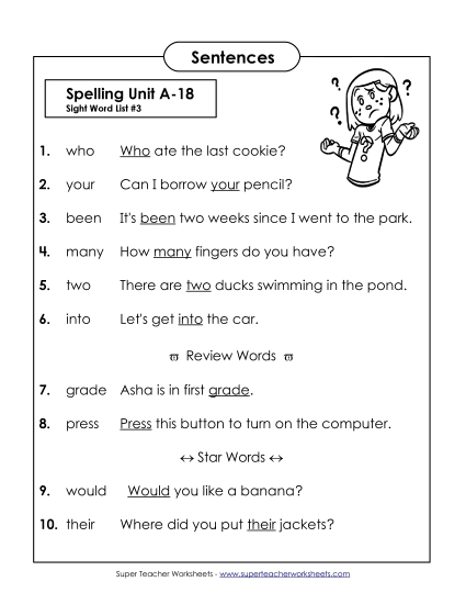 Spelling Test - Spelling Test Sentences (A-18)