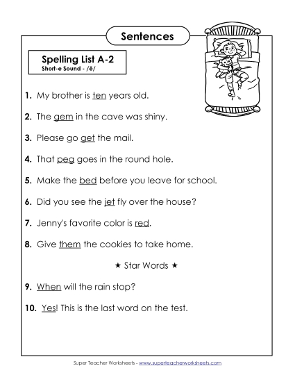 Spelling Test - Spelling Test Sentences (A-2)