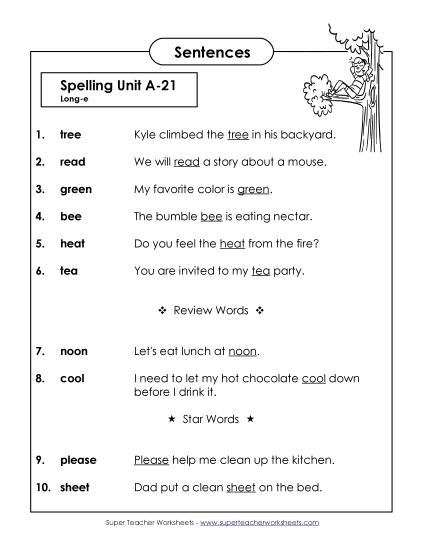 Spelling Test - Spelling Test Sentences (A-21)