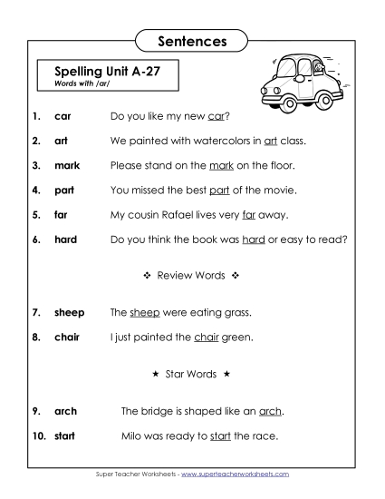 Spelling Test - Spelling Test Sentences (A-27)