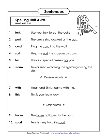 Spelling Test - Spelling Test Sentences (A-28)