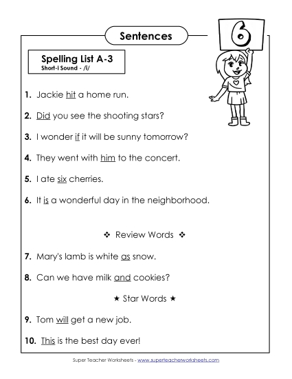 Spelling Test - Spelling Test Sentences (A-3)