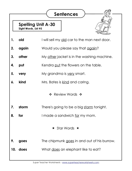 Spelling Test - Spelling Test Sentences (A-30)