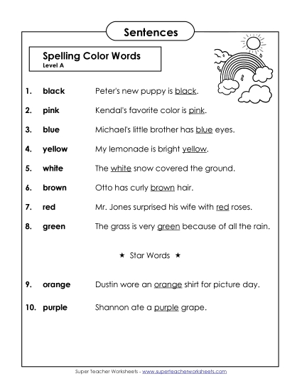 Spelling Test - Spelling Test Sentences (A-Color Words) 