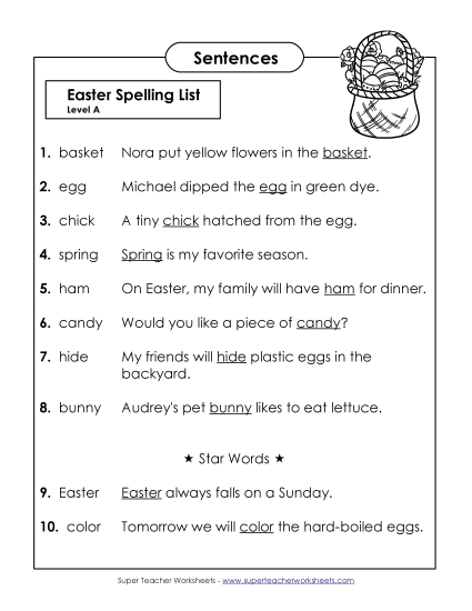 Spelling Test - Spelling Test Sentences (A-Easter) 