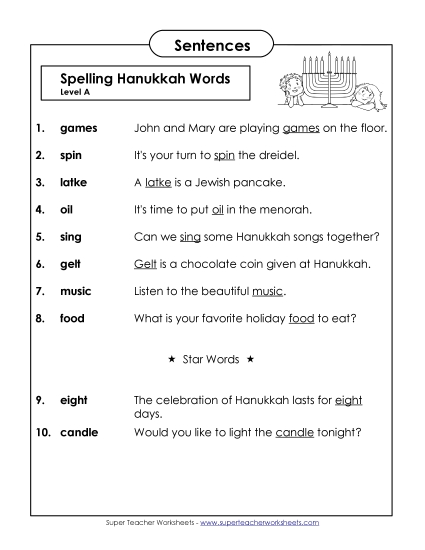 Spelling Test - Spelling Test Sentences (A-Hanukkah) 