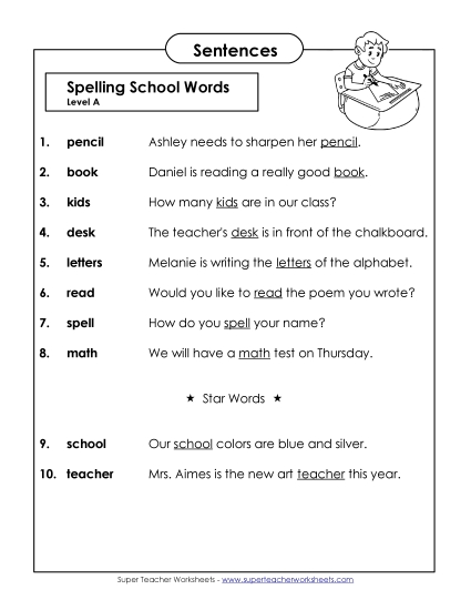 Spelling Test - Spelling Test Sentences (A-School Words) Spelling Test - Spelling Test Sentences (A-School Words)