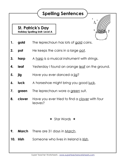 Spelling Test - Spelling Test Sentences (A-St. Patrick's Day)