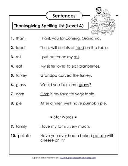 Spelling Test - Spelling Test Sentences (A-Thanksgiving) 