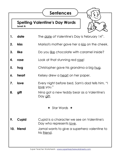 Spelling Test - Spelling Test Sentences (A-Valentine's Day) 