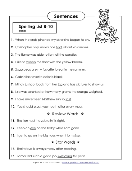 Spelling Test - Spelling Test Sentences (B-10) Spelling Test - Spelling Test Sentences (B-10)