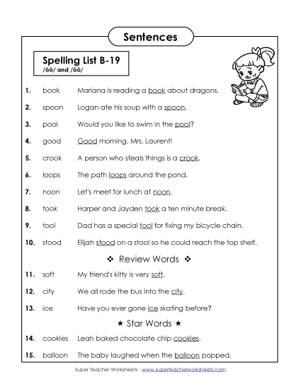 Spelling Test - Spelling Test Sentences (B-19)