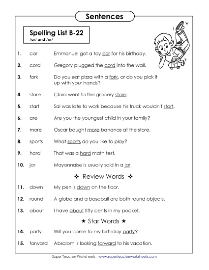 Spelling Test - Spelling Test Sentences (B-22)
