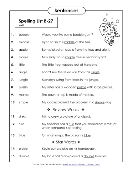 Spelling Test - Spelling Test Sentences (B-27)