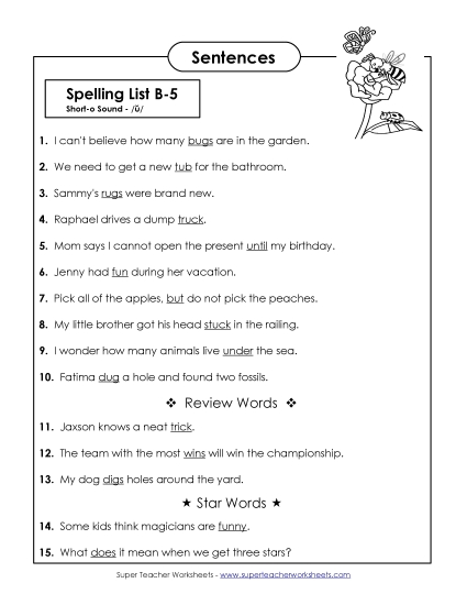 Spelling Test - Spelling Test Sentences (B-5)