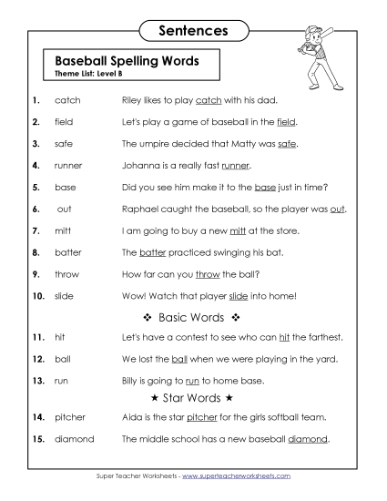 Spelling Test - Spelling Test Sentences (B-Baseball)