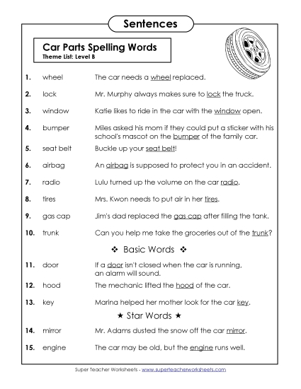 Spelling Test - Spelling Test Sentences (B-Car Parts) Spelling Test - Spelling Test Sentences (B-Car Parts)