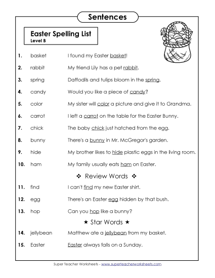 Spelling Test - Spelling Test Sentences (B-Easter) 