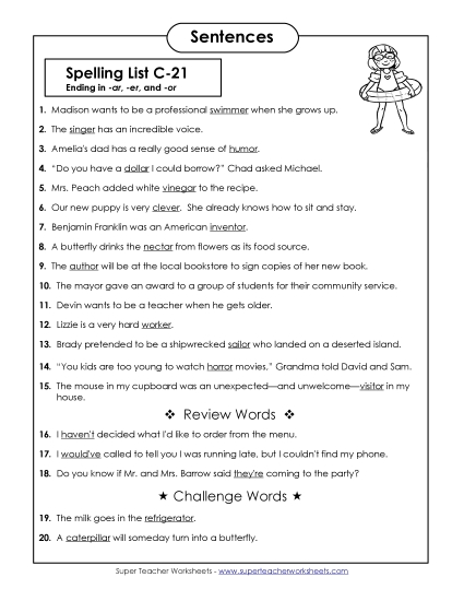 Spelling Test - Spelling Test Sentences (C-21) Spelling Test - Spelling Test Sentences (C-21)