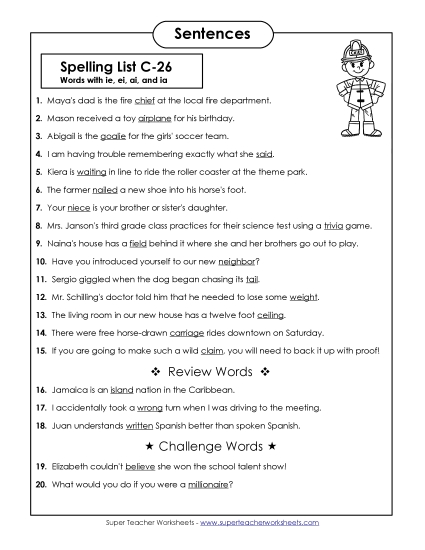 Spelling Test - Spelling Test Sentences (C-26) Spelling Test - Spelling Test Sentences (C-26)