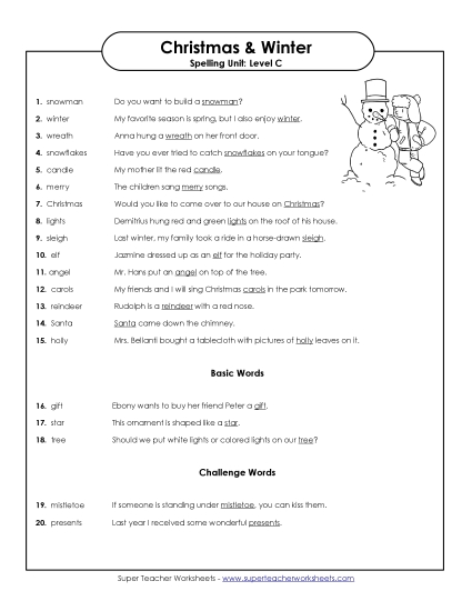 Spelling Test - Spelling Test Sentences (C-Christmas) 