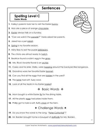 Spelling Test - Spelling Test Sentences (C-Easter) 