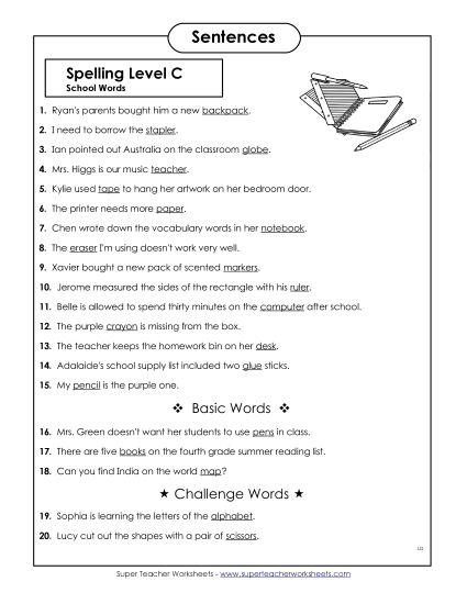 Spelling Test - Spelling Test Sentences (C-School Words) 