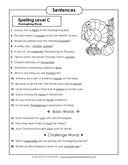 Spelling Test - Spelling Test Sentences (C-Thanksgiving) 
