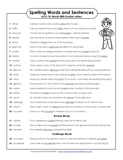 Spelling Test - Spelling Test Sentences (D-10)