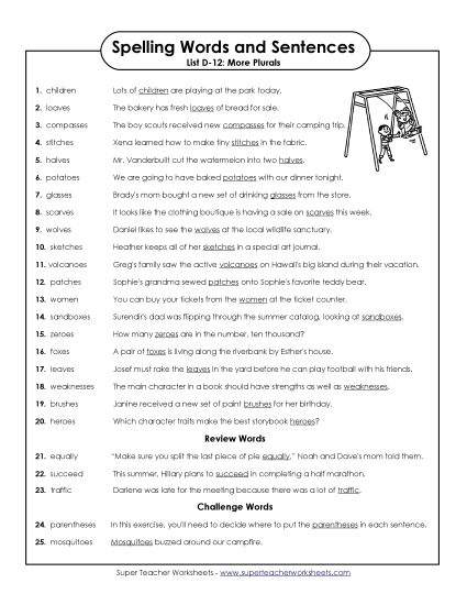 Spelling Test - Spelling Test Sentences (D-12)