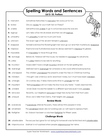 Spelling Test - Spelling Test Sentences (D-18)