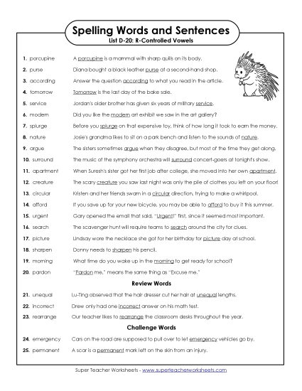 Spelling Test - Spelling Test Sentences (D-20) Spelling Test - Spelling Test Sentences (D-20)
