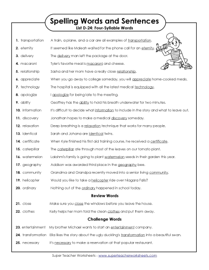 Spelling Test - Spelling Test Sentences (D-24) Spelling Test - Spelling Test Sentences (D-24)