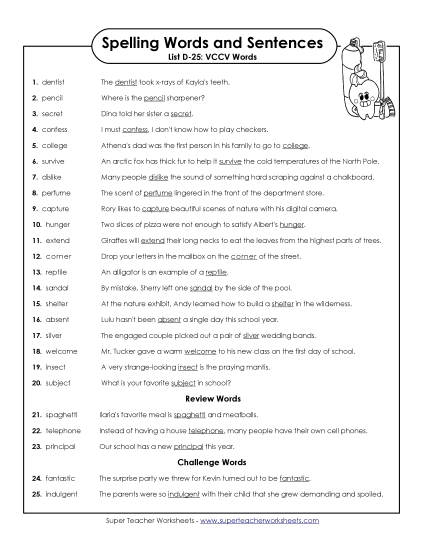 Spelling Test - Spelling Test Sentences (D-25) Spelling Test - Spelling Test Sentences (D-25)