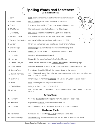 Spelling Test - Spelling Test Sentences (D-28) Spelling Test - Spelling Test Sentences (D-28)